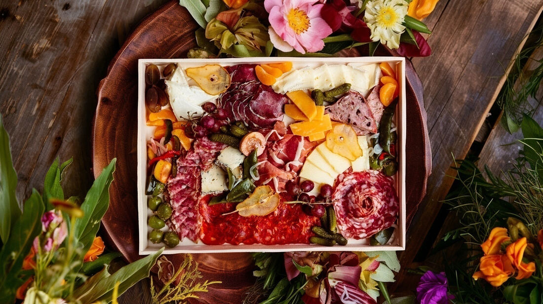 Grazing box of cured meats, cheeses and pickled vegetables surrounded by flowers